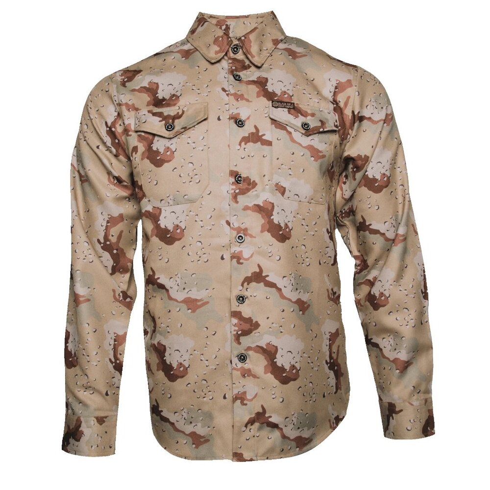 NWT Dixxon x BRCC Black Rifle Coffee Cup of Death Beige Camouflage Shirt